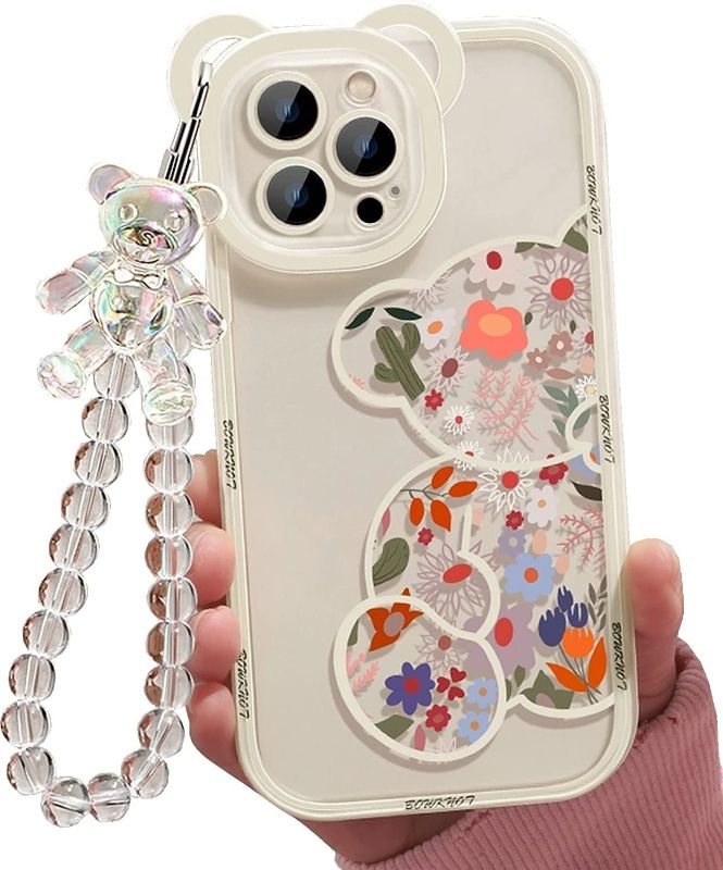 Photo 1 of Compatible with iPhone 13 Case, Aitipy Cute Flowers Floral Bear Cover with Lovely Wrist Strap Bracelet Chain for Girls Women, Clear Kawaii Camera Protection Pretty Trendy Phone Skin
