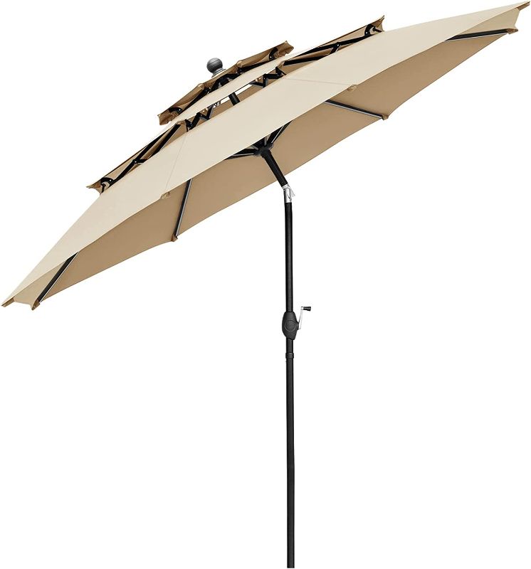 Photo 1 of 10FT Auto-tilt Patio Umbrella 3 Tier Market Umbrella Aluminum Outdoor Table Umbrella with Crank (Beige)
