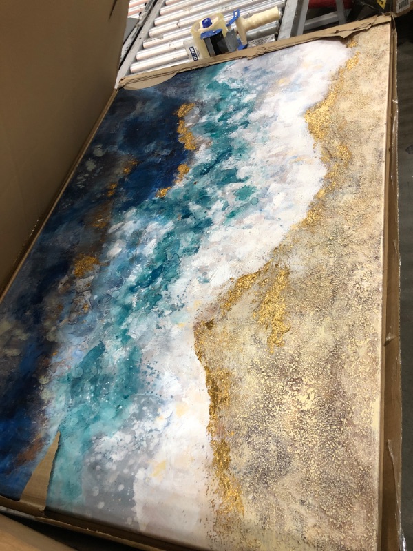 Photo 1 of Abstract Picture Canvas Wall Art: Blue and Gold Artwork Painting on Canvas for Office (45'' x 30'' x 1 Panel)