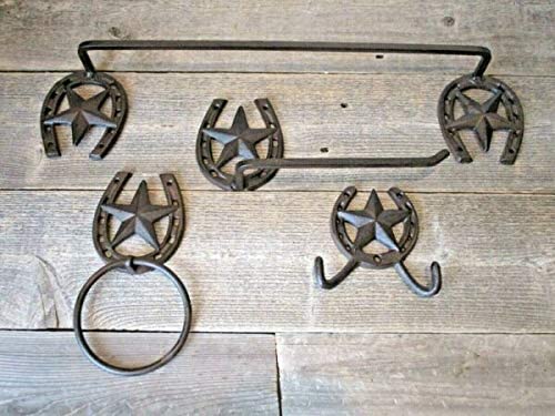 Photo 1 of 4 PIECE STAR HORSESHOE BATHROOM SET OF 4 RUSTIC WESTERN DECOR HOLDER HOOK TOWEL for Mudroom, Coat Hook, Purse Rack, Hat Hooks
