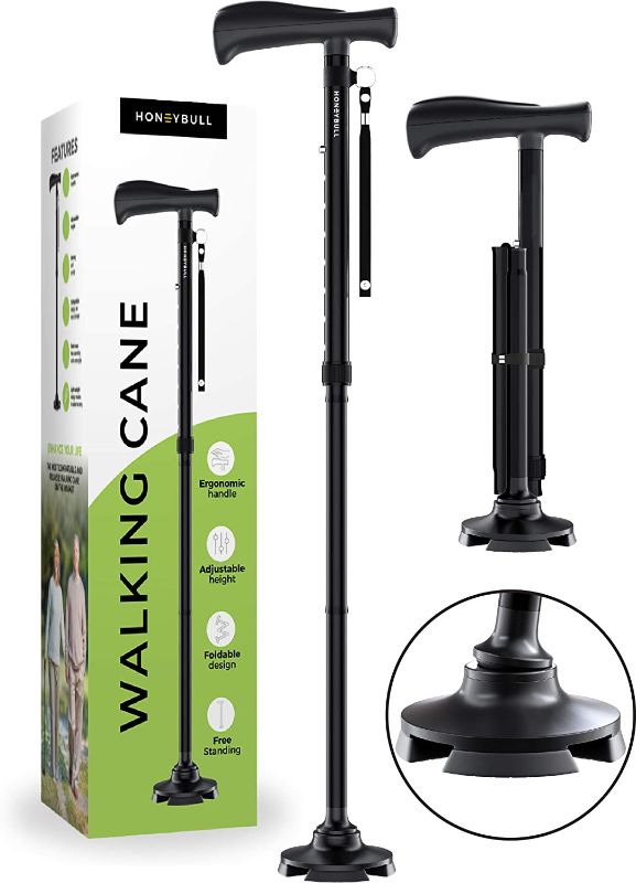 Photo 1 of HONEYBULL Walking Cane for Men & Women - Free Standing Cane, Foldable, Pivot Tip, Heavy Duty, with Travel Bag | Walking Sticks, Canes for Seniors & Adults [Black]
