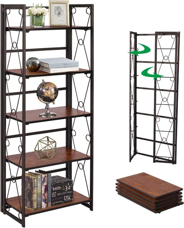 Photo 1 of VECELO 5 Shelf Bookcase,No-Assembly Folding-Bookshelf,Industrial Standing Racks Study Organizer with Metal Frame & Wood Layer,Teakwood Brown
