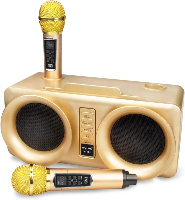 Photo 1 of Karaoke Machine, vamvo VF-301 15W*2 rechargeable Bluetooth Speaker with 2 Wireless Microphone, Portable PA Speaker System For Kids & Adults
