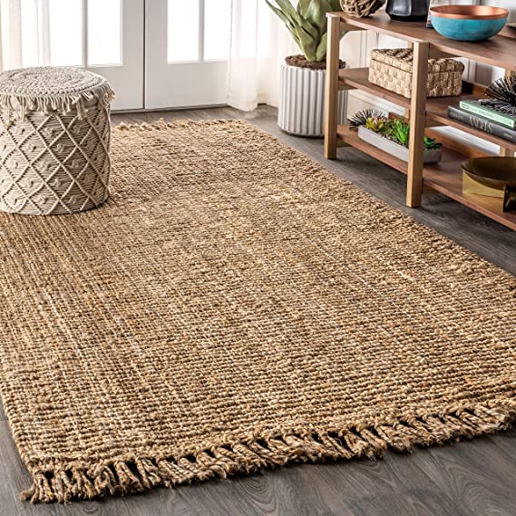 Photo 1 of  Hand Woven Chunky Jute with Fringe Indoor Area Rug Bohemian Farmhouse Easy Cleaning Bedroom Kitchen Living Room Non Shedding, 8 ft x 10 ft, Natural Color