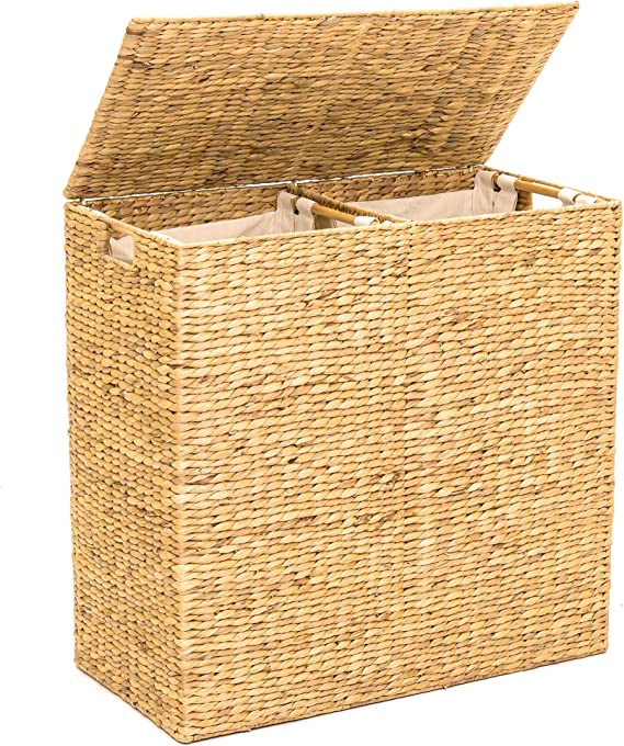 Photo 1 of  Rustic Extra Large Natural Woven Water Hyacinth Double Laundry Hamper Storage Basket w/ 2 Removable Machine Washable Cotton Liner Bags, Divided Interior, Lid, Handles- Natural
