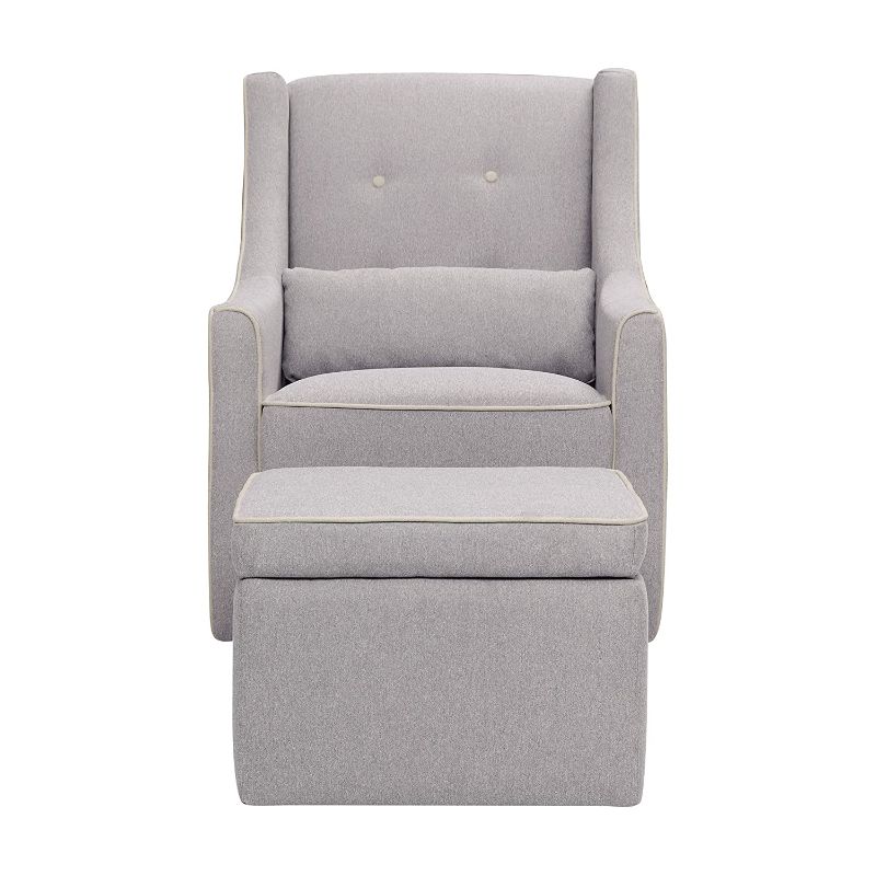 Photo 1 of DaVinci Owen Upholstered Swivel Glider with Side Pocket and Storage Ottoman in Grey with Cream Piping, 