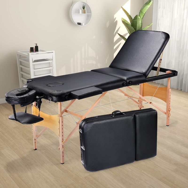 Photo 1 of 3-Section Professional Massage Table Portable, 84 Inches Ergonomic Professional Salon Spa Lash Bed 500 Lbs. Load Capacity Reinforced Wooden Frame, with Accessories & Carrying Case, Black
