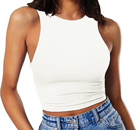 Photo 1 of Artfish Women's Sleeveless Cropped Shirts High Neck Stretchy Fitted Basic Crop Tank Top
