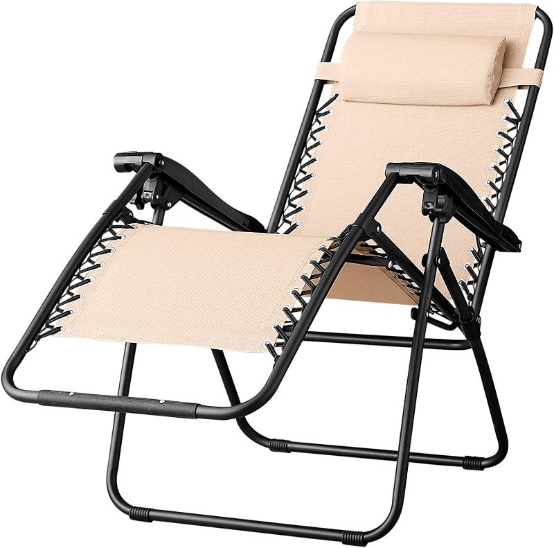 Photo 1 of Amazon Basics Outdoor Textilene Adjustable Zero Gravity Folding Reclining Lounge Chair with Pillow, Beige
