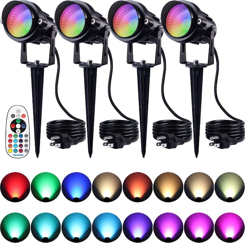 Photo 1 of SUNVIE Christmas Spotlight Outdoor 120V LED Spot Lights Outdoor 12W RGB Color Changing Landscape Lights with Remote Control Waterproof Spotlights with Plug for Yard Tree Path Garden Decorative, 4 Pack 2 PACK BUNDLE TOTAL OF 8 **SOME ARE DAMAGE AND NEED RE