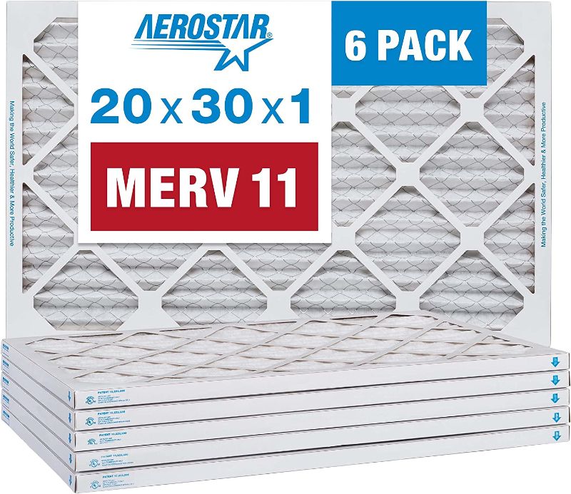 Photo 1 of Aerostar 20x30x1 MERV 11 Pleated Air Filter, AC Furnace Air Filter, 6 Pack (Actual Size: 19 3/4" x 29 3/4" x 3/4")
