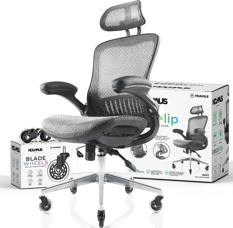 Photo 1 of NOUHAUS ErgoFlip Mesh Computer Chair - Grey Rolling Desk Chair with Retractable Armrest and Blade Wheels Ergonomic Office Chair, Desk Chairs, Executive Swivel Chair/High Spec Base
