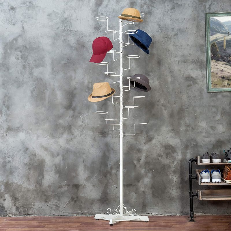 Photo 1 of Modern Metal Freestanding Customizable Retail Display Stand with 20 Circular Hooks for Hats and Wigs White