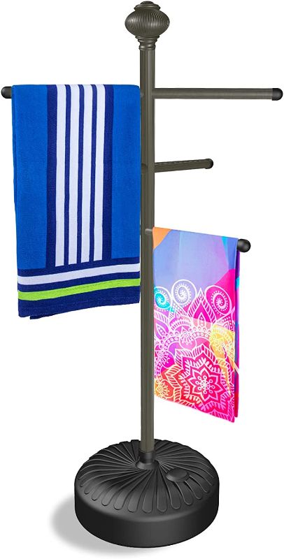Photo 1 of (Used) Hestiasko Pool Towel Rack Outdoor, 57" Metal Outdoor Towel Rack for Hot Tub with 3 Adjustable Bars, Hot Tub Accessories for Spa, Free Standing Towel Rack, Pool Accessories Towe Holder - Bronze
