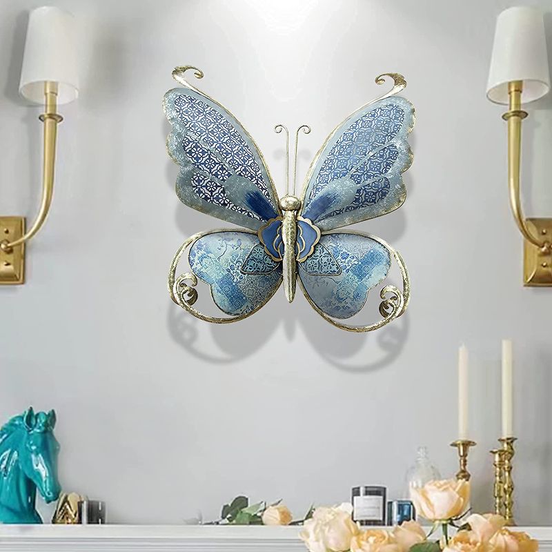 Photo 1 of Aflowa Large Metal Butterfly Wall Decor Art for Living Room,Hanging wall sculpture Indoor Decorations for Office,Bedroom,Modern Home,3D Nature Handmade Crafts Luxury Gift(Blue)
