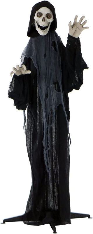 Photo 1 of **USED**
Haunted Hill Farm HHRPR-3FLS Life-Size Animated Grim Reaper Prop w/Flashing Eyes and Ribs Indoor/Outdoor Halloween Decoration, Color 4
