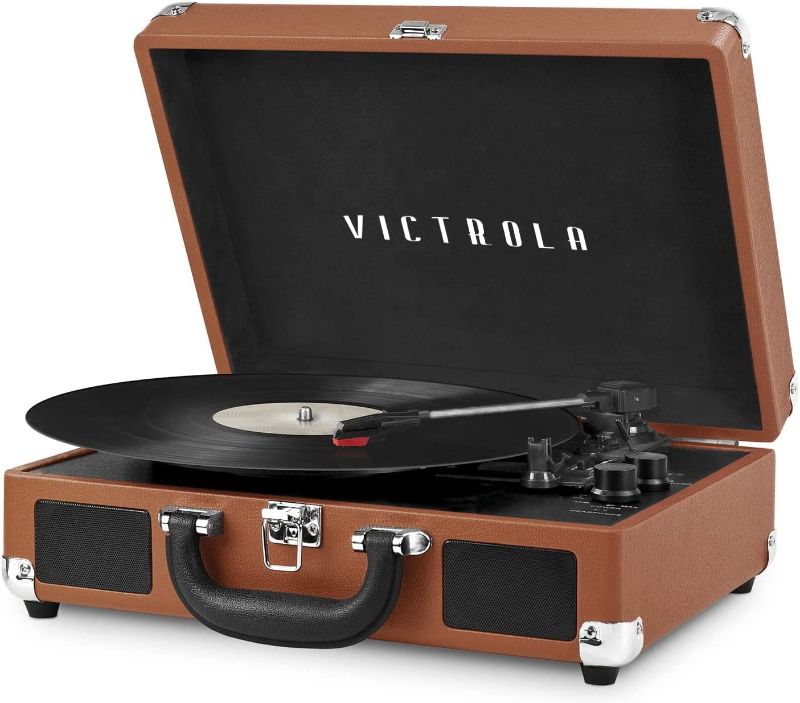 Photo 1 of **TESTED, NOT FUNCTIONAL**
Victrola Vintage 3-Speed Bluetooth Portable Suitcase Record Player with Built-in Speakers, Upgraded Turntable Audio Sound, Cognac
