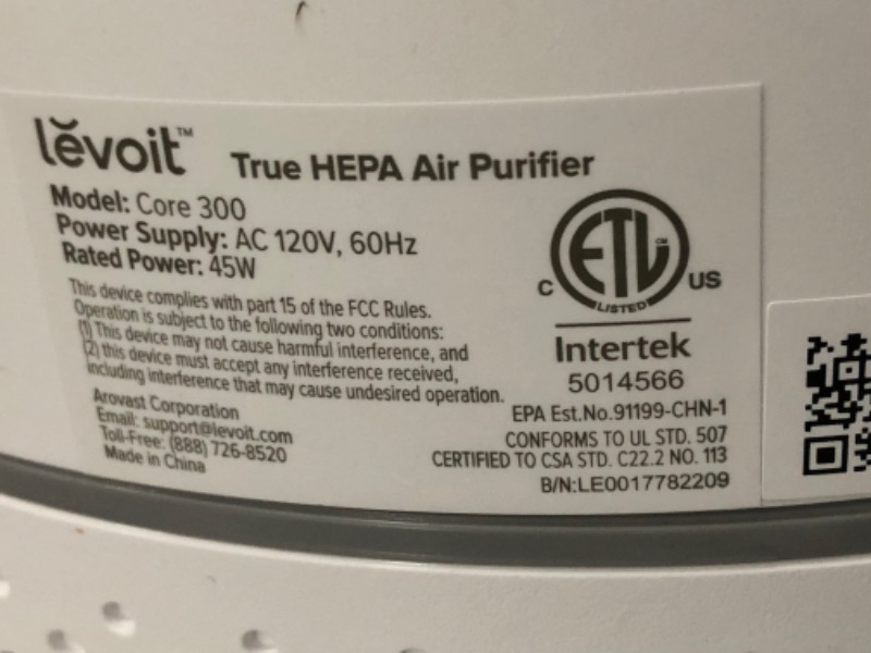 Photo 5 of **damaged, view photos**
LEVOIT Air Purifier for Home Allergies Pets Hair in Bedroom, H13 True HEPA Filter, 24db Filtration System Cleaner Odor Eliminators, Ozone Free, Remove 99.97% Dust Smoke Mold Pollen, Core 300, White
