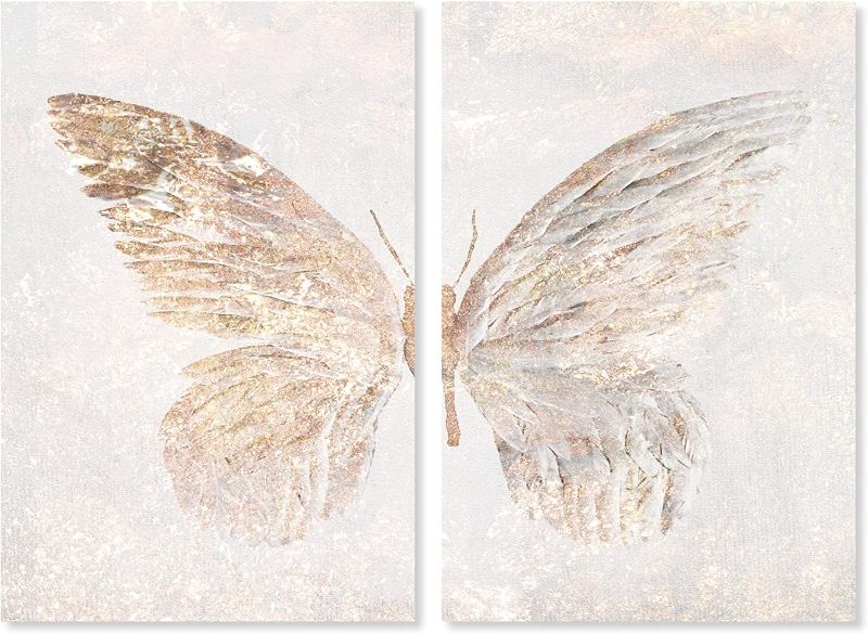 Photo 1 of ****incomplete****  Animals 'Golden Butterfly Glimmer Two Piece' Insects by Oliver Gal | White, Gold 2 Panel Wall Art | Canvas Wall Art | Ready to Hang Home Décor
