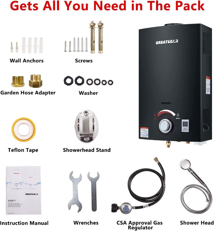 Photo 1 of Tankless Water Heater, GREATBEAR 2.64GPM Propane Gas Water Heater Indoors, Propane Water Heater Instant, Multiple Protections, Easy to Install, Use for Apartment Farm Cabin RV Barn Boat, MT10 Black
