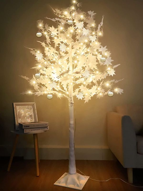 Photo 1 of 6Ft 192LED Lighted White Maple Tree Decorations, Pumpkins Timer 8 Flashing Mode Remote Control Artificial Tree with Warm White Lights Fall Tree for Home Indoor Outdoor Autumn Christmas Xmas Tree Decor
