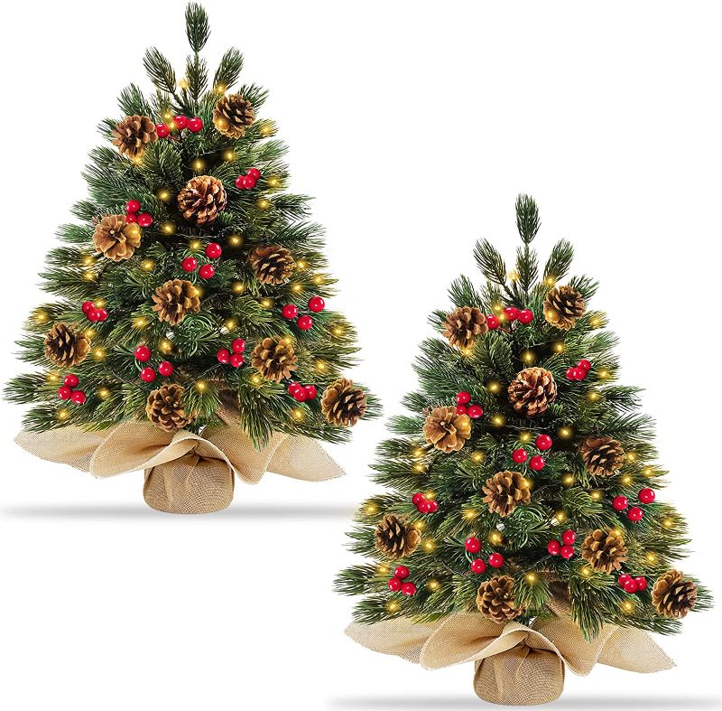 Photo 1 of ***MISSING COMPONENTS*** TURNMEON 2 Pack 24''/2FT Realistic Feel Thick Prelit Artificial Christmas Tree Tabletop Decorations 50 Lights 8 Modes Timer Battery Operated Pine...

