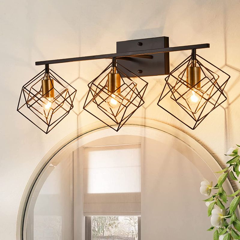 Photo 1 of 3-Lights Bathroom Light fixtures Over Mirror, Behiya Bathroom Vanity Light Fixtures Modern Lighting Black and Gold Brushed Brass with Unique Rotatable 3 Cube Shades Enormous Lamp for Dressing Table
