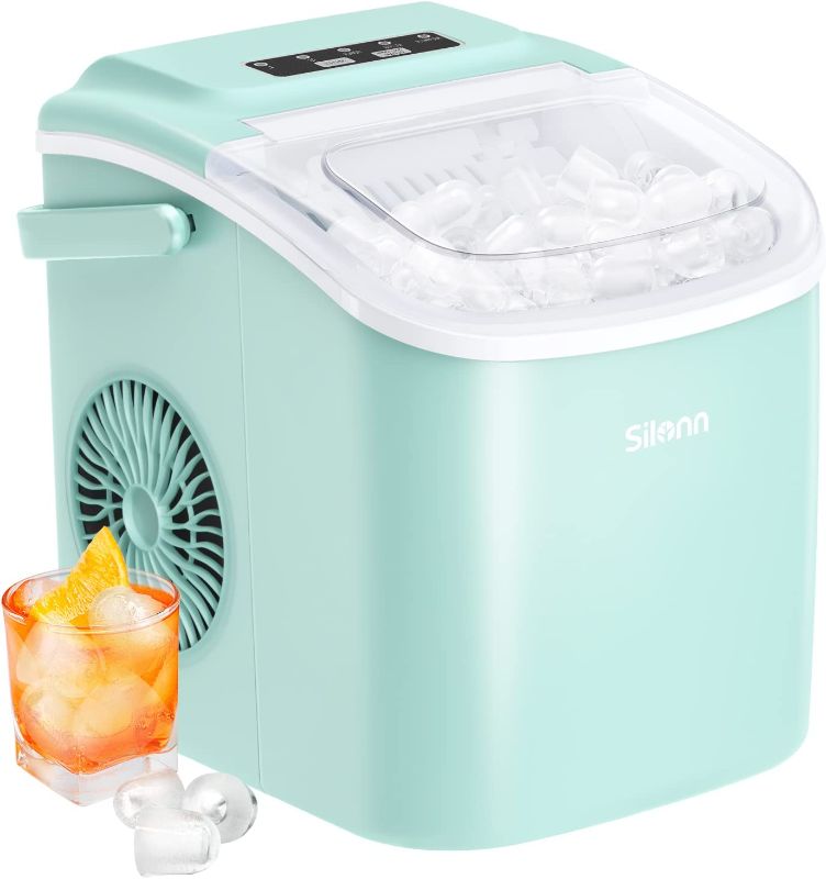 Photo 1 of Silonn Countertop Ice Maker, 9 Cubes Ready in 6 Mins, 26lbs in 24Hrs, Self-Cleaning Ice Machine with Ice Scoop and Basket, 2 Sizes of Bullet Ice for Home Kitchen Office Bar Party, Green (SLIM09)
