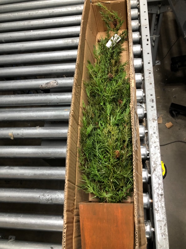 Photo 2 of 4ft. Alpine “Natural Look” Artificial Christmas Tree in Wood Planter with Pine Cones
