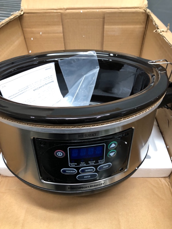 Photo 3 of Hamilton Beach Portable 6-Quart Set & Forget Digital Programmable Slow Cooker with Lid Lock, Temperature Probe, Stainless Steel
