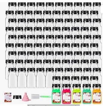 Photo 1 of 100 Pcs 4 oz Empty Plastic Juice Bottles with Caps Mini Clear PET Water Bottles Reusable Drink Containers with Lids for Juice, Smoothie, Milk, Tea and Homemade Beverages with Labels, Funnels and Brush