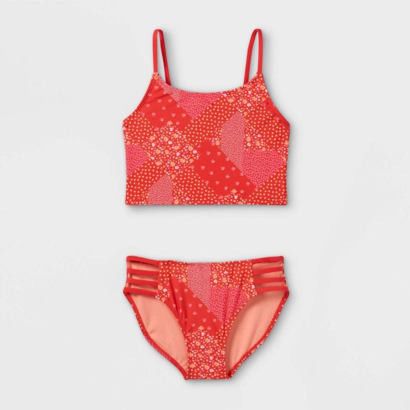 Photo 1 of BUNDLE OF 6----SIZE MED---Girls' Floral Print Patchwork Idkini Set- Art Class™ Coral Pink
