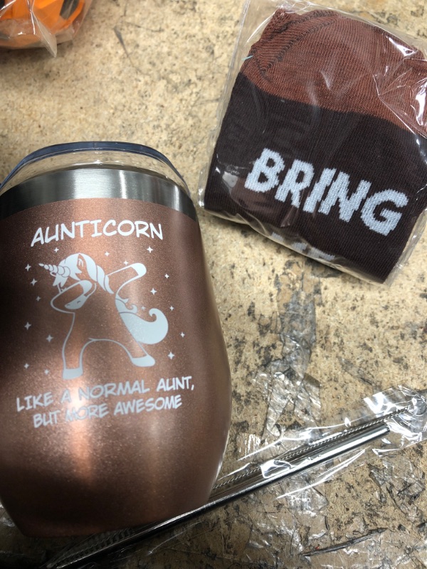 Photo 2 of 2 Pcs Christmas Aunt Gift Set from Nephew Aunticorn Coffee Cup Like a Aunt, But More Awesome 12 oz Unicorn Wine Tumbler with Lid Brush Funny Comfy Coffee Socks with Funny Quote for Women Birthday