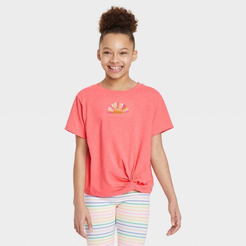 Photo 1 of 9 Girls' 'Sunshine' Embroidered Short Sleeve Graphic T-Shirt - Cat & Jack™ Medium Coral
