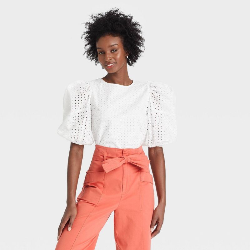 Photo 1 of Women's Short Puff Sleeve Eyelet Top - a New Day™ - XL