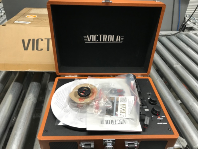 Photo 4 of Victrola Vintage 3-Speed Bluetooth Portable Suitcase Record Player with Built-in Speakers, Upgraded Turntable Audio Sound, Cognac