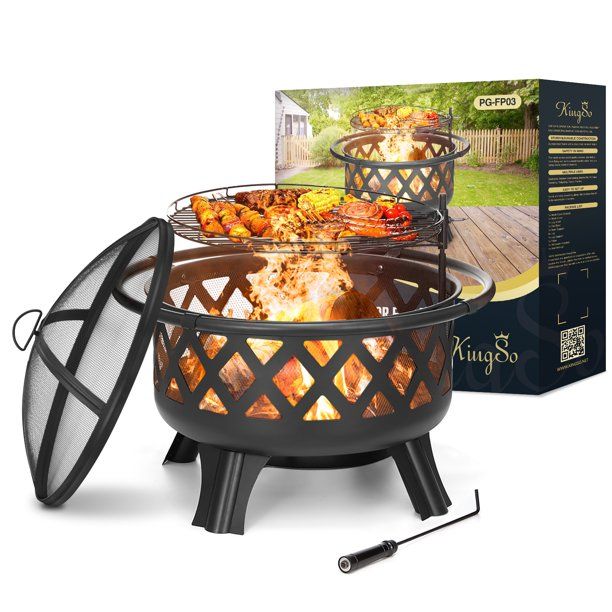 Photo 1 of 30 Inch Fire Pit BBQ 2 in 1 Wood Burning Fire Pits for Outside, Outdoor Round Fire Pit with Cooking Grate Fire Poker Spark Screen Cover
