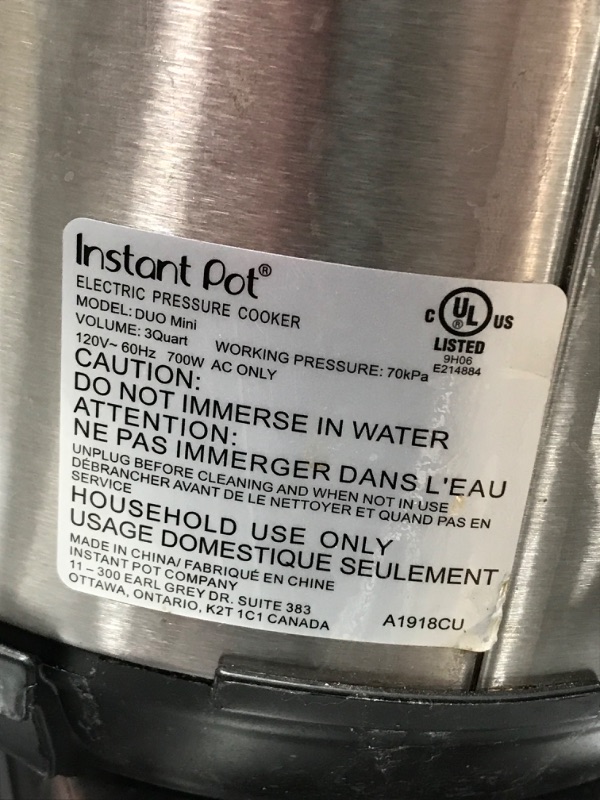 Photo 5 of (INCOMPLETE AND DAMAGED**Instant Pot Duo Mini 3-Quart Multi-Use Pressure Cooker
**MISSING POWER CORD, DENT**
