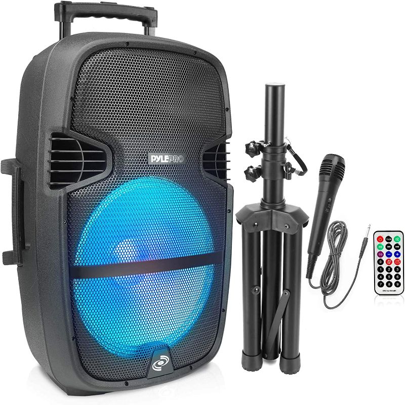 Photo 1 of Portable Bluetooth PA Speaker System - 1000W Outdoor Bluetooth Speaker Portable PA System w/Microphone in, Party Lights, USB SD Card Reader, FM Radio, Wheels - Remote Control, Tripod- Pyle PPHP1548B
