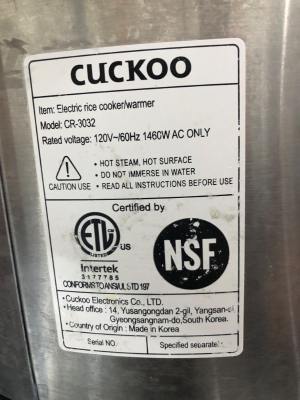 Photo 3 of (Used) (CUCKOO CR-3032 | 30-Cup (Uncooked) Commercial Rice Cooker & Warmer | Automatic Warm Mode, Nonstick Inner Pot, Detachable Inner Lid | Stainless Steel
