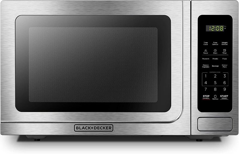 Photo 1 of BLACK+DECKER EM036AB14 Digital Microwave Oven with Turntable Push-Button Door, Child Safety Lock, Stainless Steel, 1.4 Cu.ft
