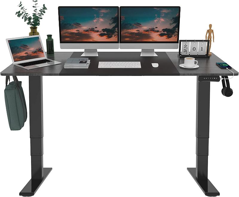 Photo 1 of FLEXISPOT EP4 Classic Electric Standing Desk 63"x30" Inches Dual Motor 3 Stages Height Adjustable Desk Stand Up Desk with USB Charging Port and Hooks Sit Stand Desk, Black Frame & Black/Greystone Top
