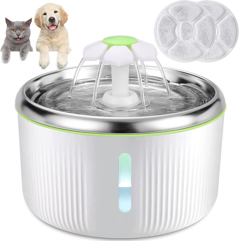 Photo 1 of ENJOY PET Cat Water Fountain Stainless Steel, 68oz/2L Automatic Pet Flower Drinking Fountain for Cats Indoor, Ultra Quiet Dog Water Dispenser Bowl with Smart Pump, LED Light and 2 Replacement Filters
