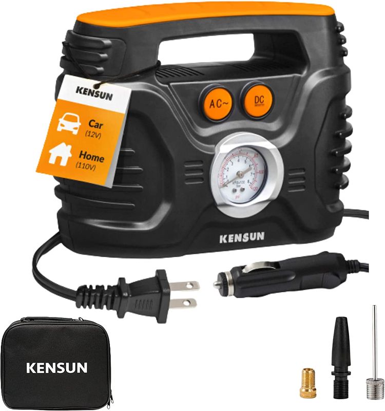 Photo 1 of Kensun AC/DC Power Supply Portable Air Compressor Pump with Analog Display to 100 PSI for Home (110V) and Car (12V), Tire Inflator with Adaptors for Cars, Trucks, Bicycles, Balls
