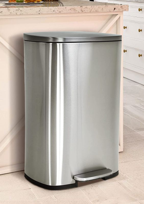 Photo 1 of 13 Gallon Kitchen Trash Can with Lid, Stainless Steel Trash Can with Foot Pedal and Plastic Inner Bucket, Fingerprint-Resistant Soft Close Lid Garbage Can, Odor Proof and Hygienic
