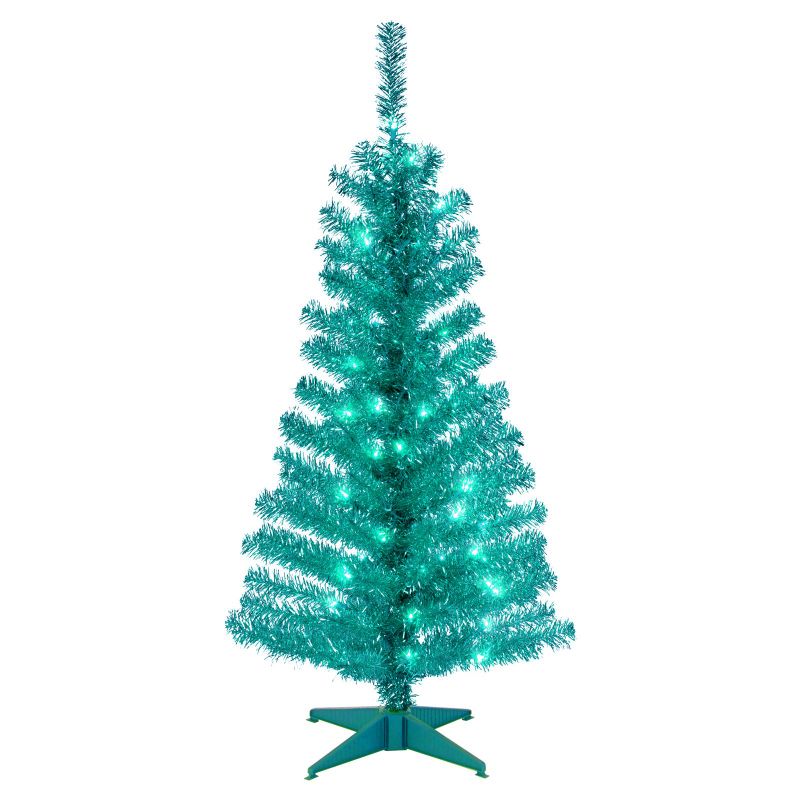 Photo 1 of 4 Ft. Tinsel Tree - Turquoise, with Clear Lights
