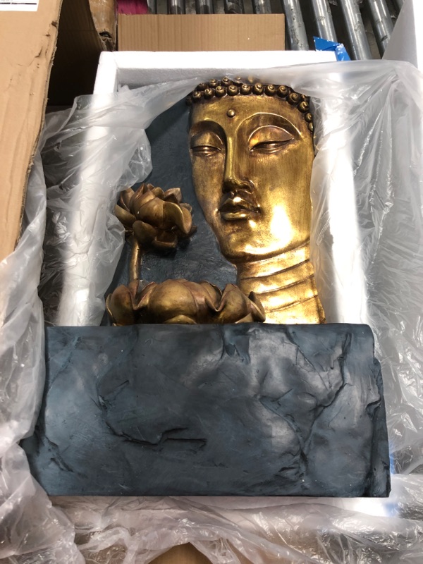 Photo 2 of ***CRACKED*** XBrand Cascading Lotus Buddha Face Indoor Outdoor Zen Water Fountain w/LED Light, 30 Inch Tall, Bronze and Natural Grey 16.14 x 12.2 x 29.92 inches
