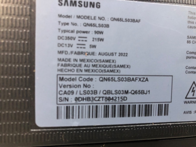 Photo 1 of SCRATCHED TV FRAME/REMOTE/LEGS; MISSING SET-UP KIT; POWERCORD CAPS****Samsung 65" ClassQLED 4K LS03B Series The Frame Quantum HDR,Art Mode,Anti-Reflection Matte Display Screen,Slim Fit Wall Mount Included,Smart TV,Bluetooth with Alexa Built-In(QN65LS03BAF