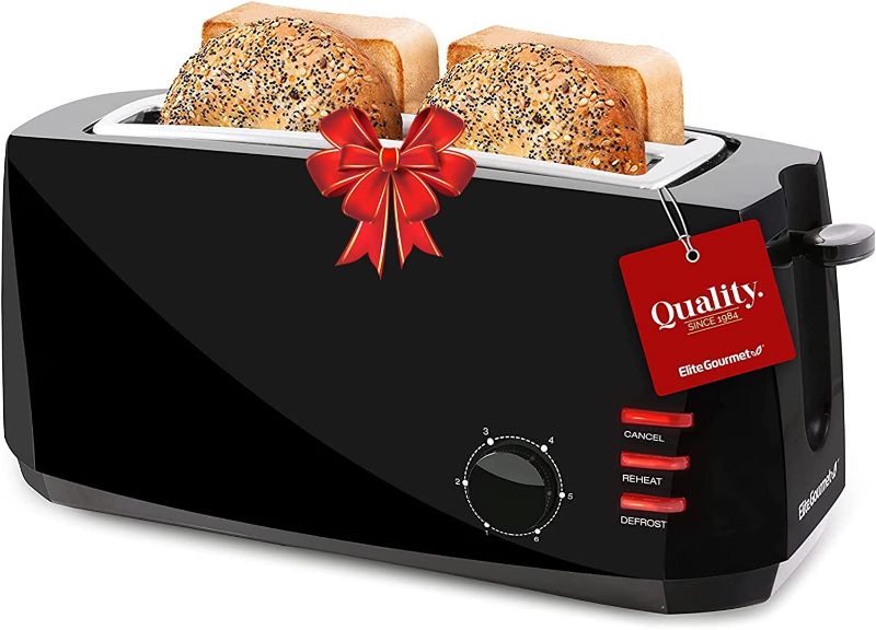 Photo 1 of Elite Gourmet ECT4829B Long Slot 4 Slice Toaster, 6 Toast Settings Toaster Defrost, Reheat, Cancel Functions, Slide Out Crumb Tray, Extra Wide Slots for Bagels Waffles, Black
