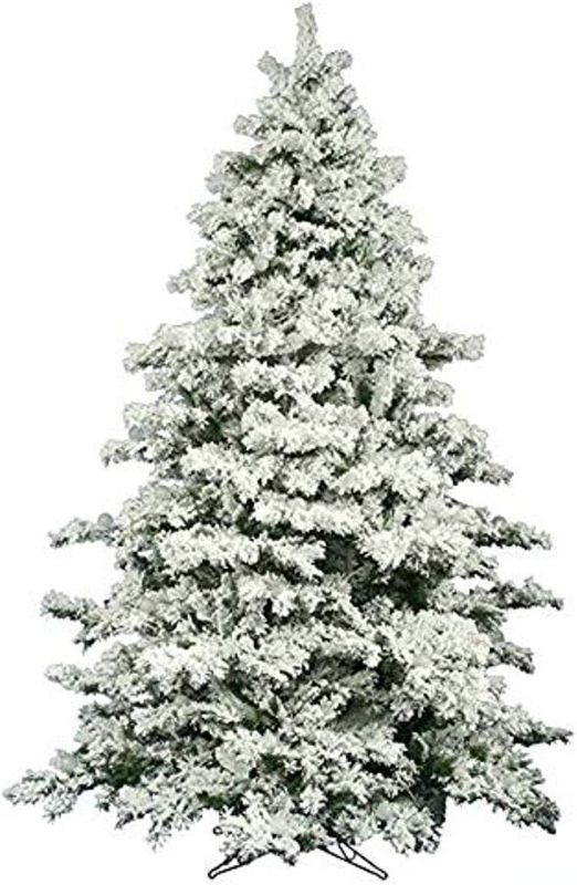 Photo 1 of AMERIQUE 691322309737 7 FEET Premium Artificial Full Body Shape Christmas Tree with Metal Stand, Heavily Flocked Snow, Unlit, 7', Snowy
